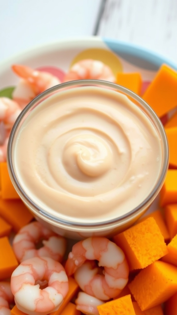 Creamy shrimp puree in a bowl, with sweet potatoes, perfect for baby feeding.